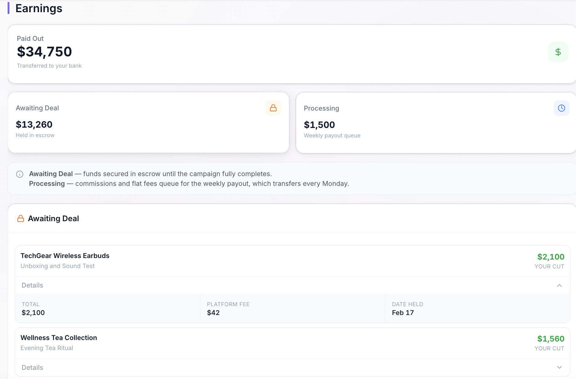 Creative Scale creator earnings dashboard